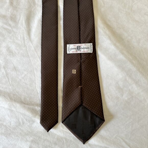 Pierre Balmain Paris Tie Embroidered Logo Micro Polka Dot Handmade Italy Brown - Picture 8 of 9